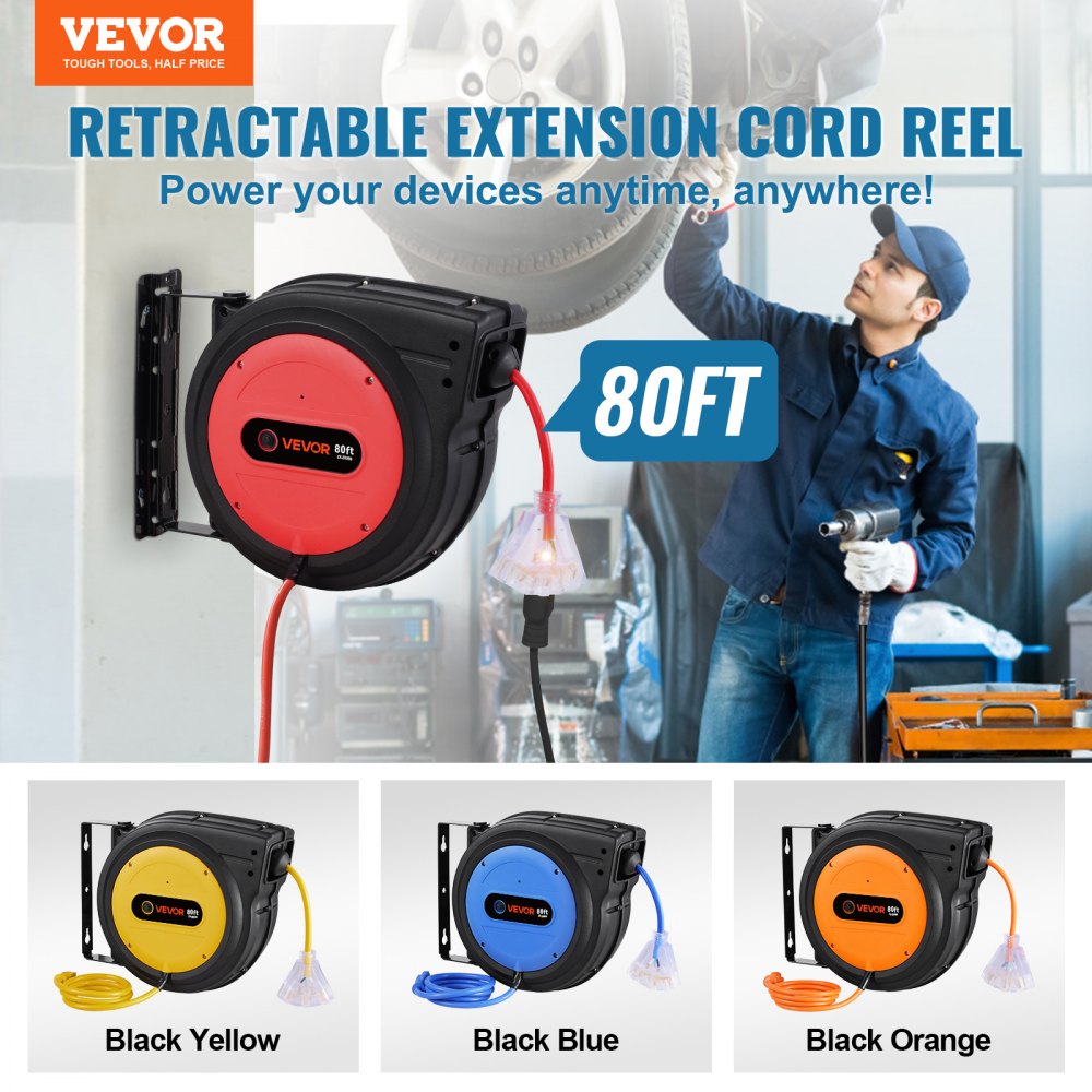 VEVOR Carrete de Cable de Extensión Retráctil, 80 Pies, 12 AWG/3C SJTOW, Cable de Alimentación Retráctil con Toma Triple Iluminada, Disyuntor de 15 A, Soporte Giratorio de 180° en Techo o Pared, Rojo