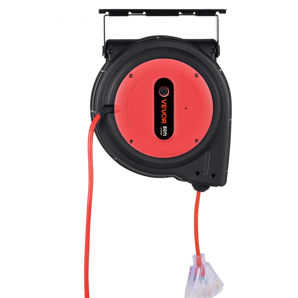 VEVOR Carrete de Cable de Extensión Retráctil, 80 Pies, 12 AWG/3C SJTOW, Cable de Alimentación Retráctil con Toma Triple Iluminada, Disyuntor de 15 A, Soporte Giratorio de 180° en Techo o Pared, Rojo