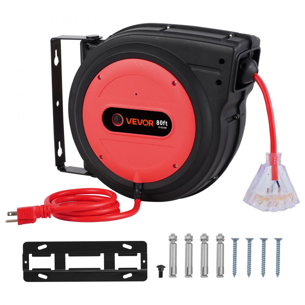 VEVOR Carrete de Cable de Extensión Retráctil, 80 Pies, 12 AWG/3C SJTOW, Cable de Alimentación Retráctil con Toma Triple Iluminada, Disyuntor de 15 A, Soporte Giratorio de 180° en Techo o Pared, Rojo