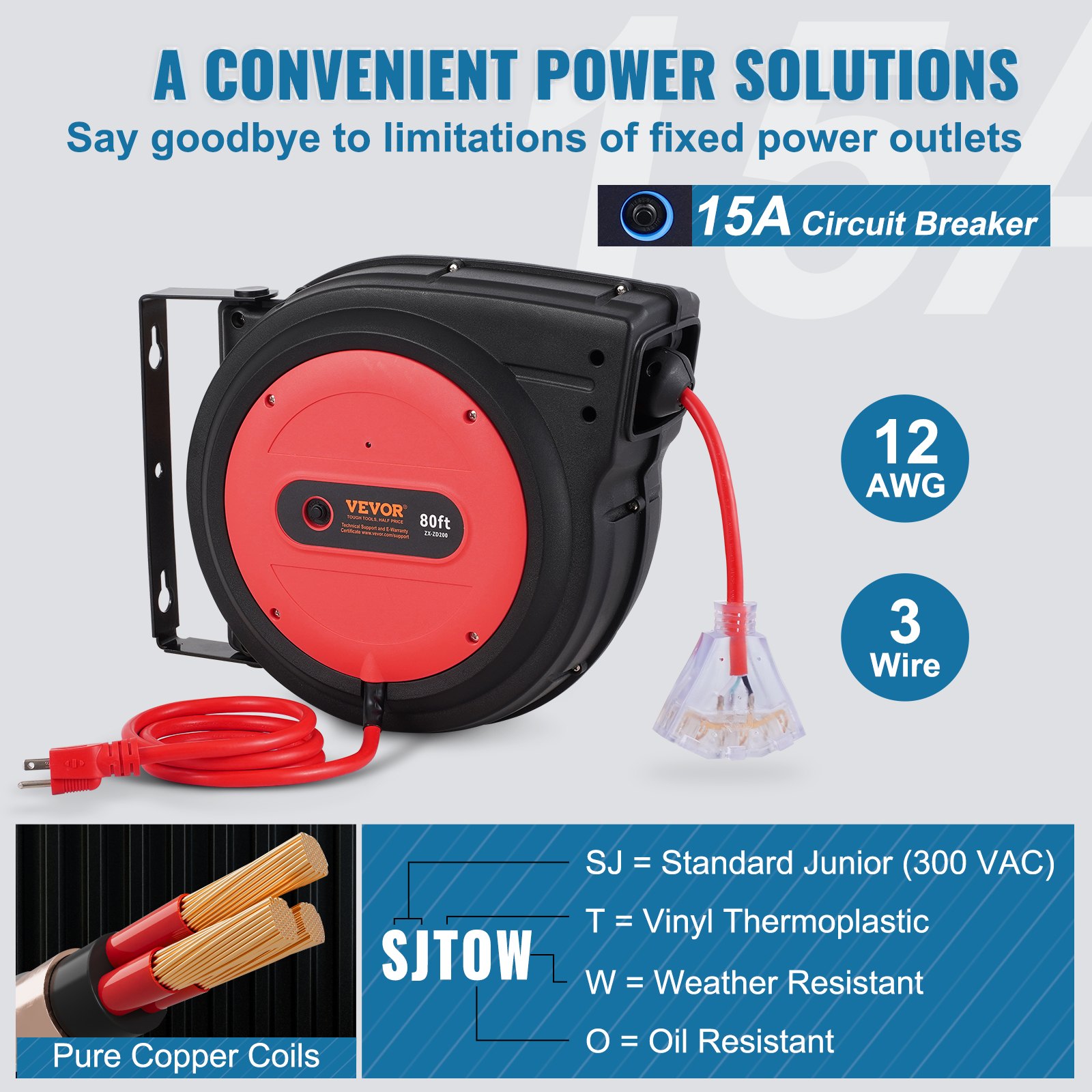 VEVOR Carrete de Cable de Extensión Retráctil, 80 Pies, 12 AWG/3C SJTOW, Cable de Alimentación Retráctil con Toma Triple Iluminada, Disyuntor de 15 A, Soporte Giratorio de 180° en Techo o Pared, Rojo