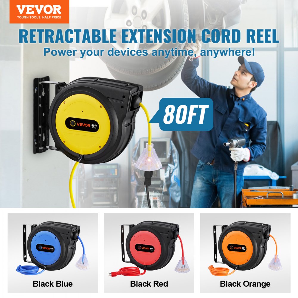 VEVOR - Carrete de cable de extensión retráctil, 80 pies, resistente, 12 AWG/3C SJTOW, cable de alimentación retráctil con toma triple iluminada, disyuntor de 15 A, soporte giratorio de 180° para montaje en techo o pared