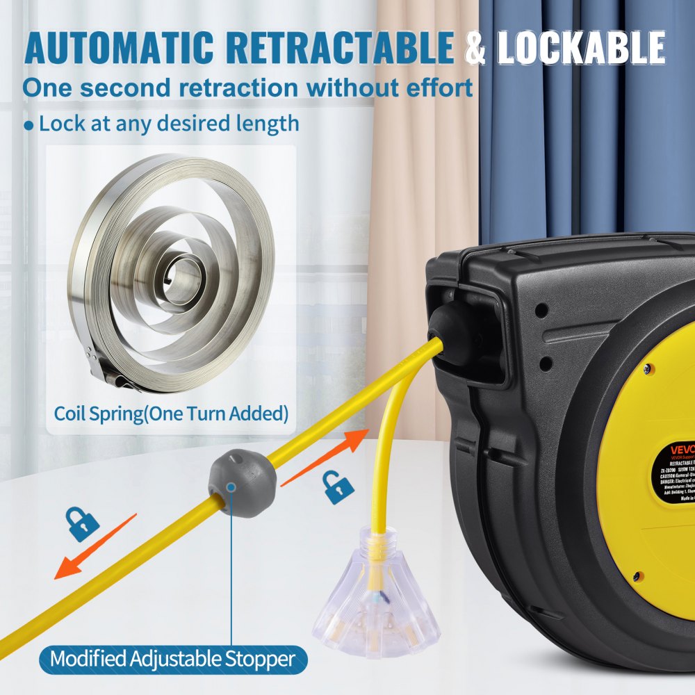 VEVOR - Carrete de cable de extensión retráctil, 80 pies, resistente, 12 AWG/3C SJTOW, cable de alimentación retráctil con toma triple iluminada, disyuntor de 15 A, soporte giratorio de 180° para montaje en techo o pared