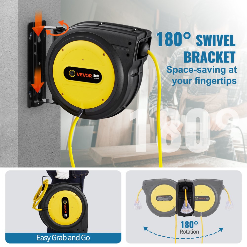 VEVOR - Carrete de cable de extensión retráctil, 80 pies, resistente, 12 AWG/3C SJTOW, cable de alimentación retráctil con toma triple iluminada, disyuntor de 15 A, soporte giratorio de 180° para montaje en techo o pared