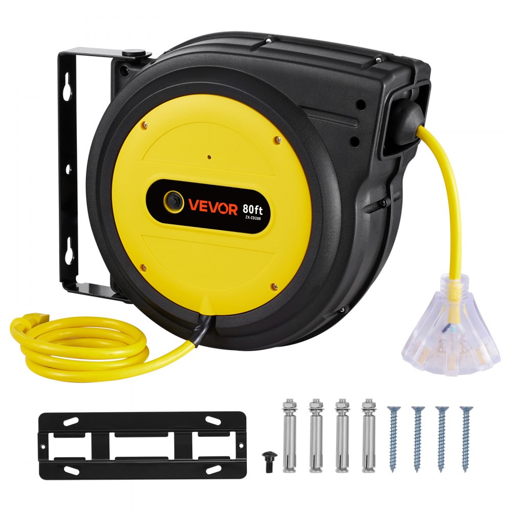 VEVOR - Carrete de cable de extensión retráctil, 80 pies, resistente, 12 AWG/3C SJTOW, cable de alimentación retráctil con toma triple iluminada, disyuntor de 15 A, soporte giratorio de 180° para montaje en techo o pared