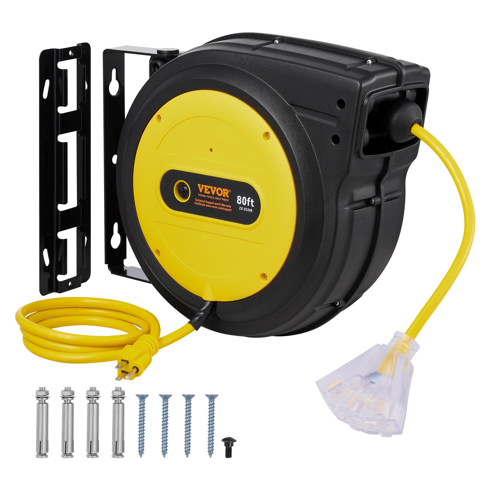 VEVOR - Carrete de cable de extensión retráctil, 80 pies, resistente, 12 AWG/3C SJTOW, cable de alimentación retráctil con toma triple iluminada, disyuntor de 15 A, soporte giratorio de 180° para montaje en techo o pared