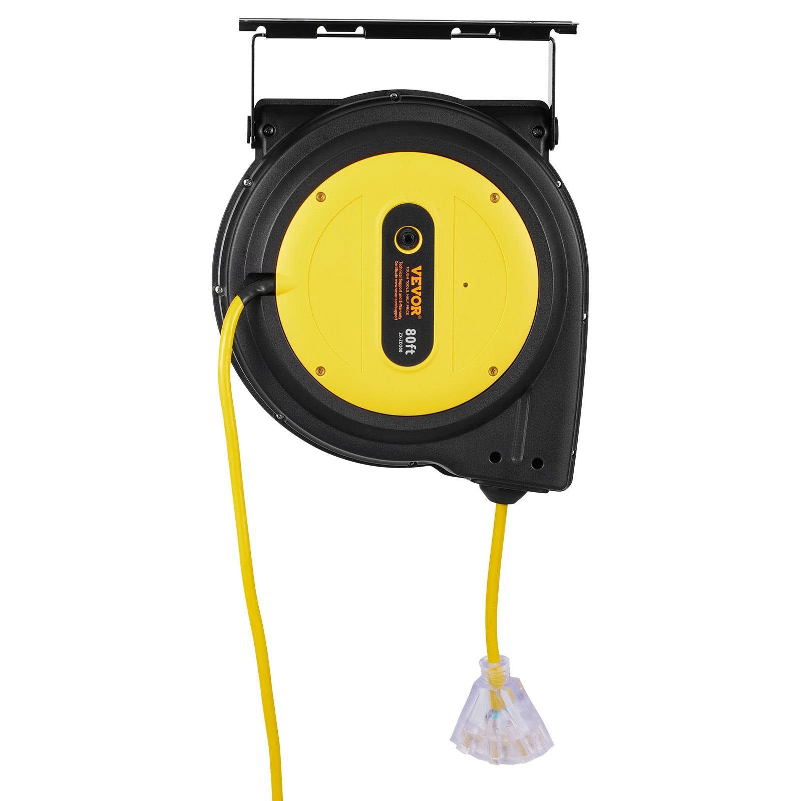 VEVOR - Carrete de cable de extensión retráctil, 80 pies, resistente, 12 AWG/3C SJTOW, cable de alimentación retráctil con toma triple iluminada, disyuntor de 15 A, soporte giratorio de 180° para montaje en techo o pared