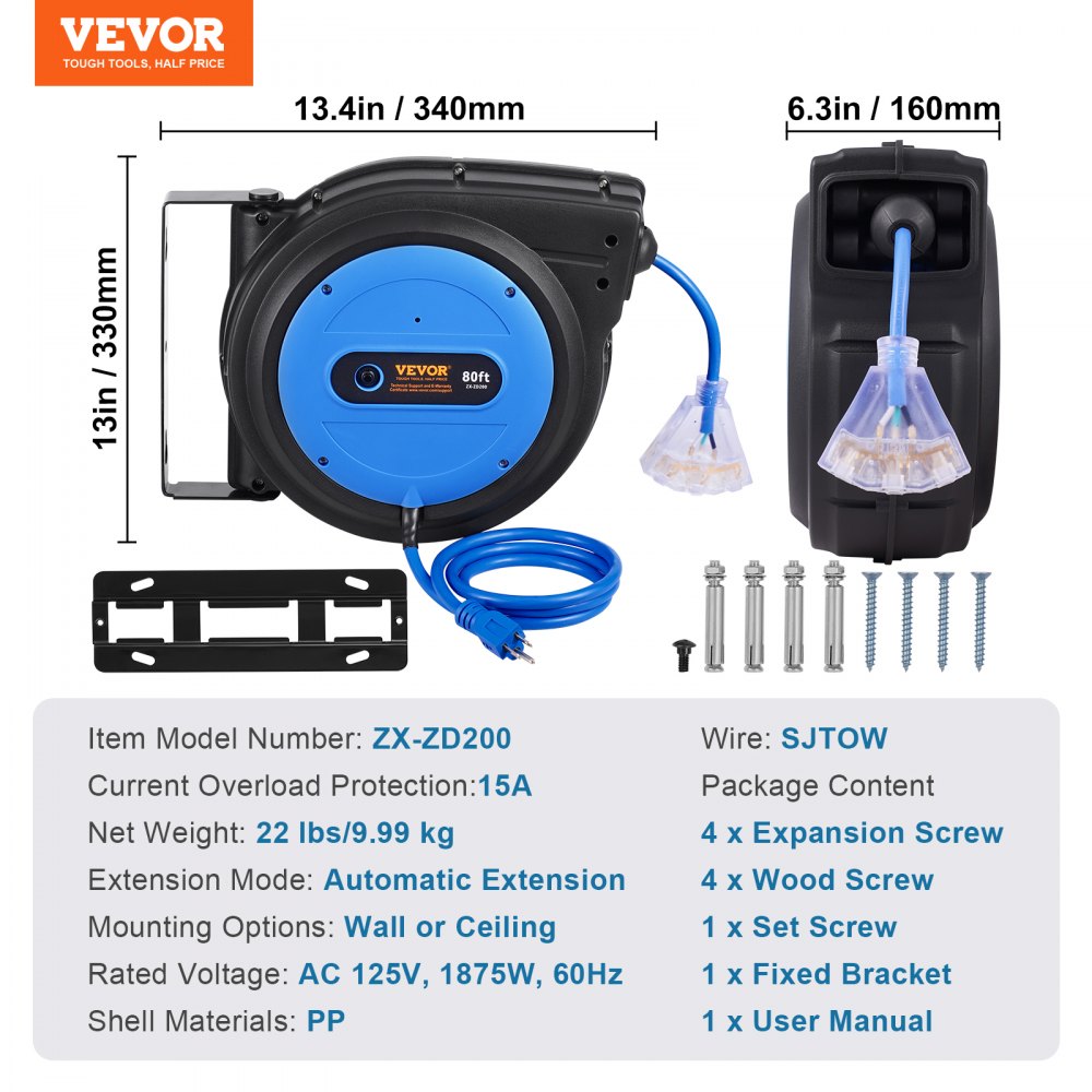 VEVOR Carrete de Cable de Extensión Retráctil, 80 Pies, 12 AWG/3C SJTOW, Cable de Alimentación Retráctil con Toma Triple Iluminada, Disyuntor de 15 A, Soporte Giratorio de 180° en Techo o Pared, Azul