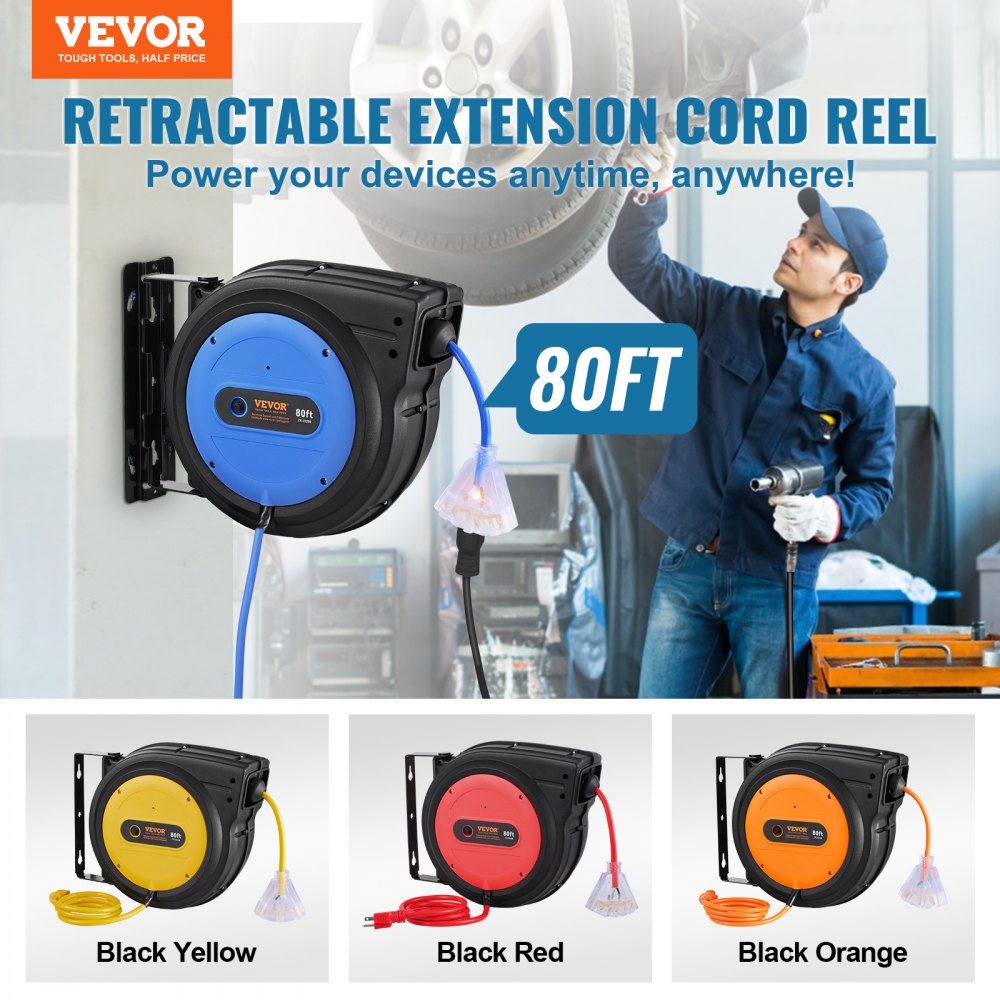 VEVOR Carrete de Cable de Extensión Retráctil, 80 Pies, 12 AWG/3C SJTOW, Cable de Alimentación Retráctil con Toma Triple Iluminada, Disyuntor de 15 A, Soporte Giratorio de 180° en Techo o Pared, Azul