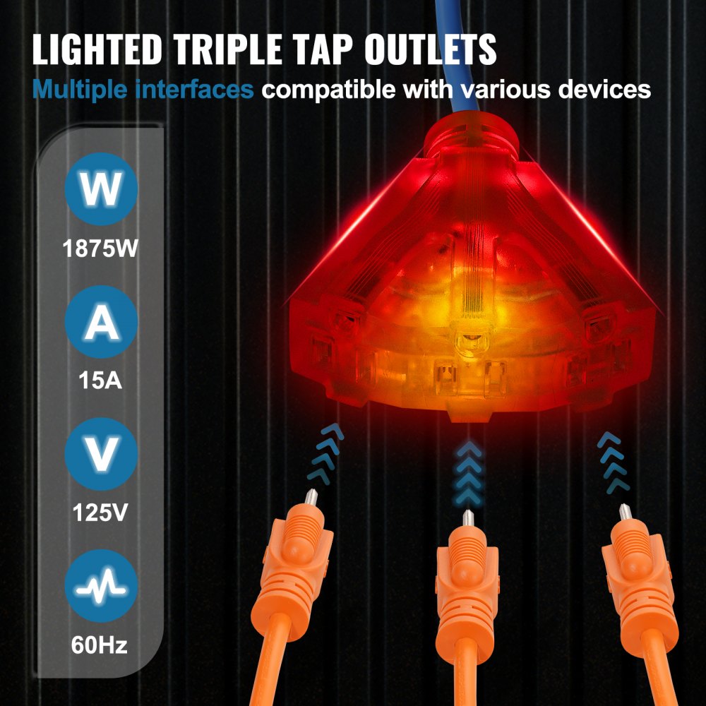 VEVOR Carrete de Cable de Extensión Retráctil, 80 Pies, 12 AWG/3C SJTOW, Cable de Alimentación Retráctil con Toma Triple Iluminada, Disyuntor de 15 A, Soporte Giratorio de 180° en Techo o Pared, Azul