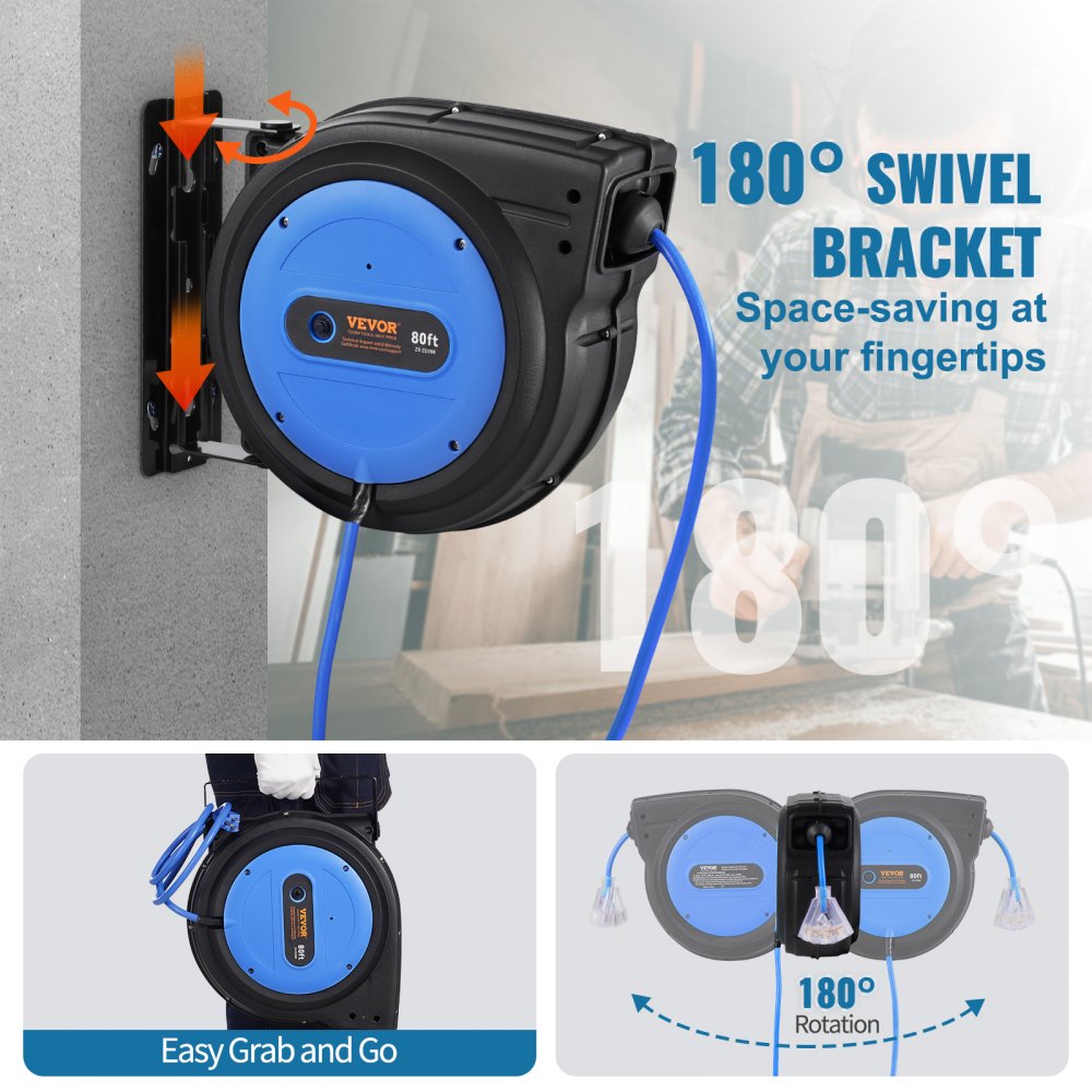 VEVOR Carrete de Cable de Extensión Retráctil, 80 Pies, 12 AWG/3C SJTOW, Cable de Alimentación Retráctil con Toma Triple Iluminada, Disyuntor de 15 A, Soporte Giratorio de 180° en Techo o Pared, Azul