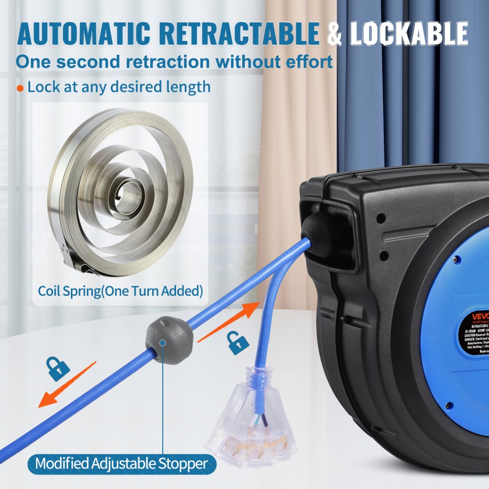 VEVOR Carrete de Cable de Extensión Retráctil, 80 Pies, 12 AWG/3C SJTOW, Cable de Alimentación Retráctil con Toma Triple Iluminada, Disyuntor de 15 A, Soporte Giratorio de 180° en Techo o Pared, Azul