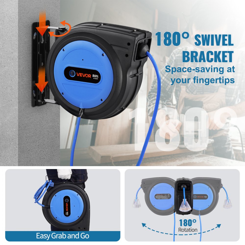 VEVOR Carrete de Cable de Extensión Retráctil, 80 Pies, 12 AWG/3C SJTOW, Cable de Alimentación Retráctil con Toma Triple Iluminada, Disyuntor de 15 A, Soporte Giratorio de 180° en Techo o Pared, Azul