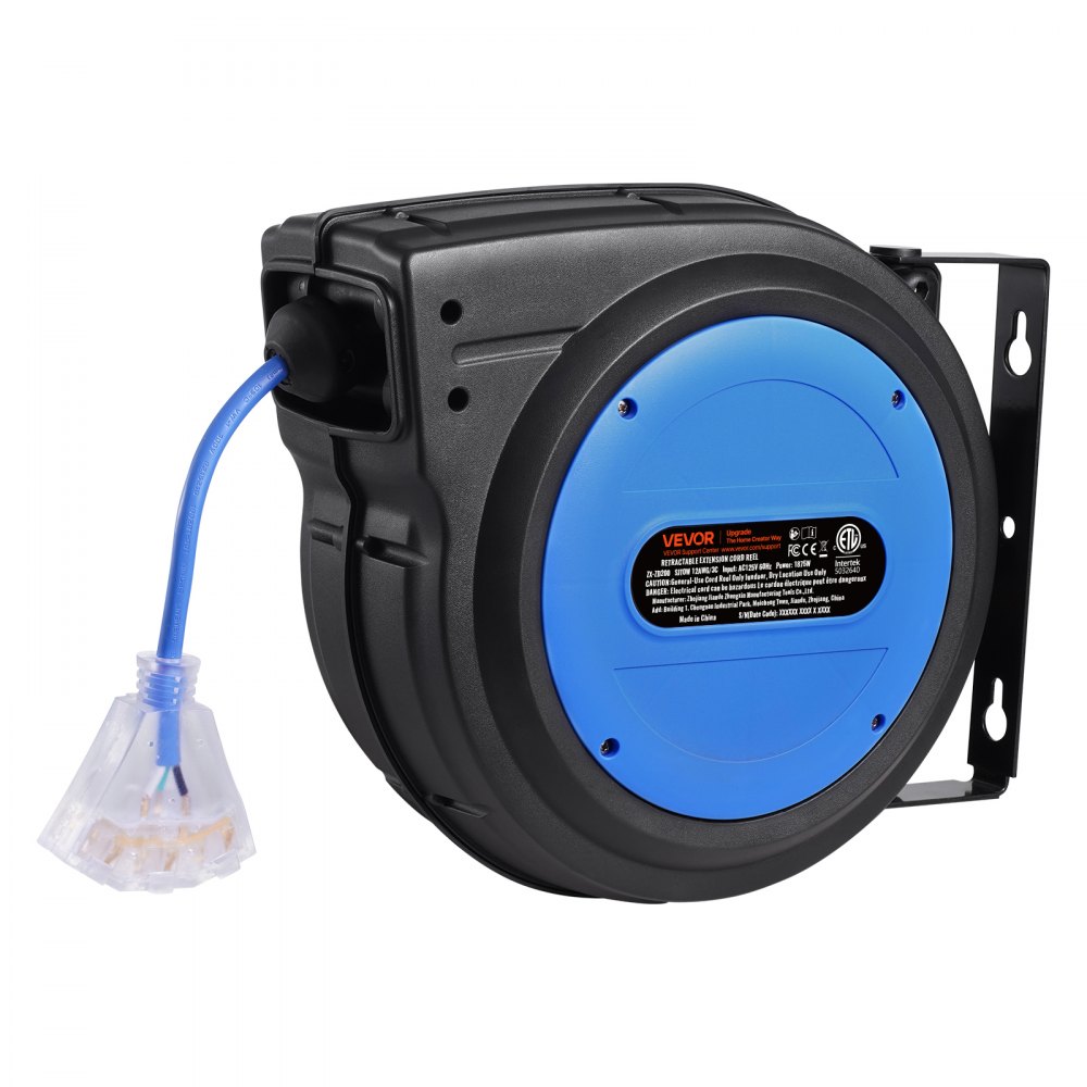 VEVOR Carrete de Cable de Extensión Retráctil, 80 Pies, 12 AWG/3C SJTOW, Cable de Alimentación Retráctil con Toma Triple Iluminada, Disyuntor de 15 A, Soporte Giratorio de 180° en Techo o Pared, Azul