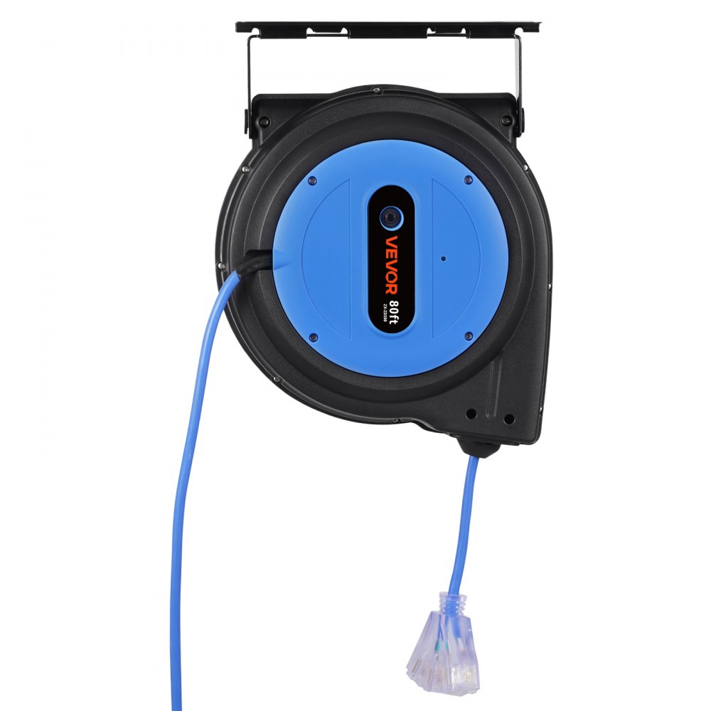 VEVOR Carrete de Cable de Extensión Retráctil, 80 Pies, 12 AWG/3C SJTOW, Cable de Alimentación Retráctil con Toma Triple Iluminada, Disyuntor de 15 A, Soporte Giratorio de 180° en Techo o Pared, Azul
