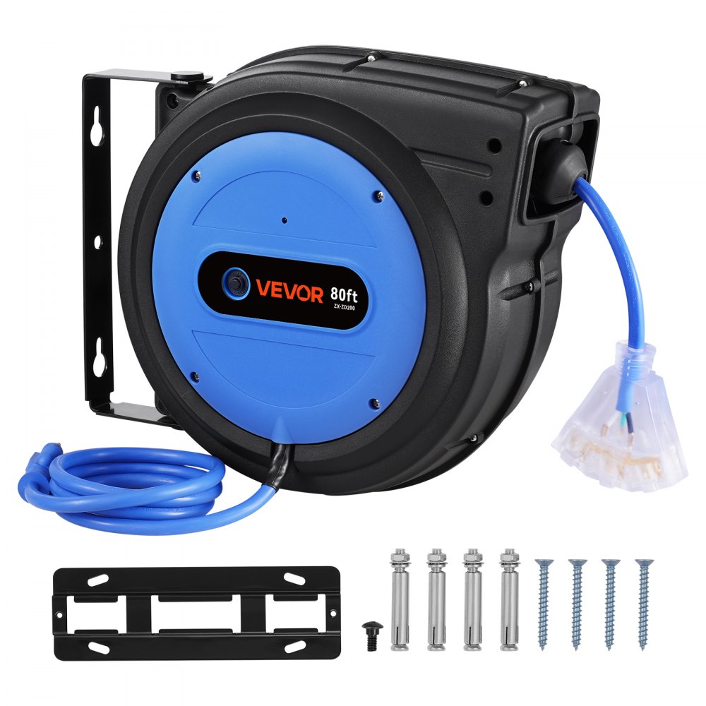 VEVOR Carrete de Cable de Extensión Retráctil, 80 Pies, 12 AWG/3C SJTOW, Cable de Alimentación Retráctil con Toma Triple Iluminada, Disyuntor de 15 A, Soporte Giratorio de 180° en Techo o Pared, Azul