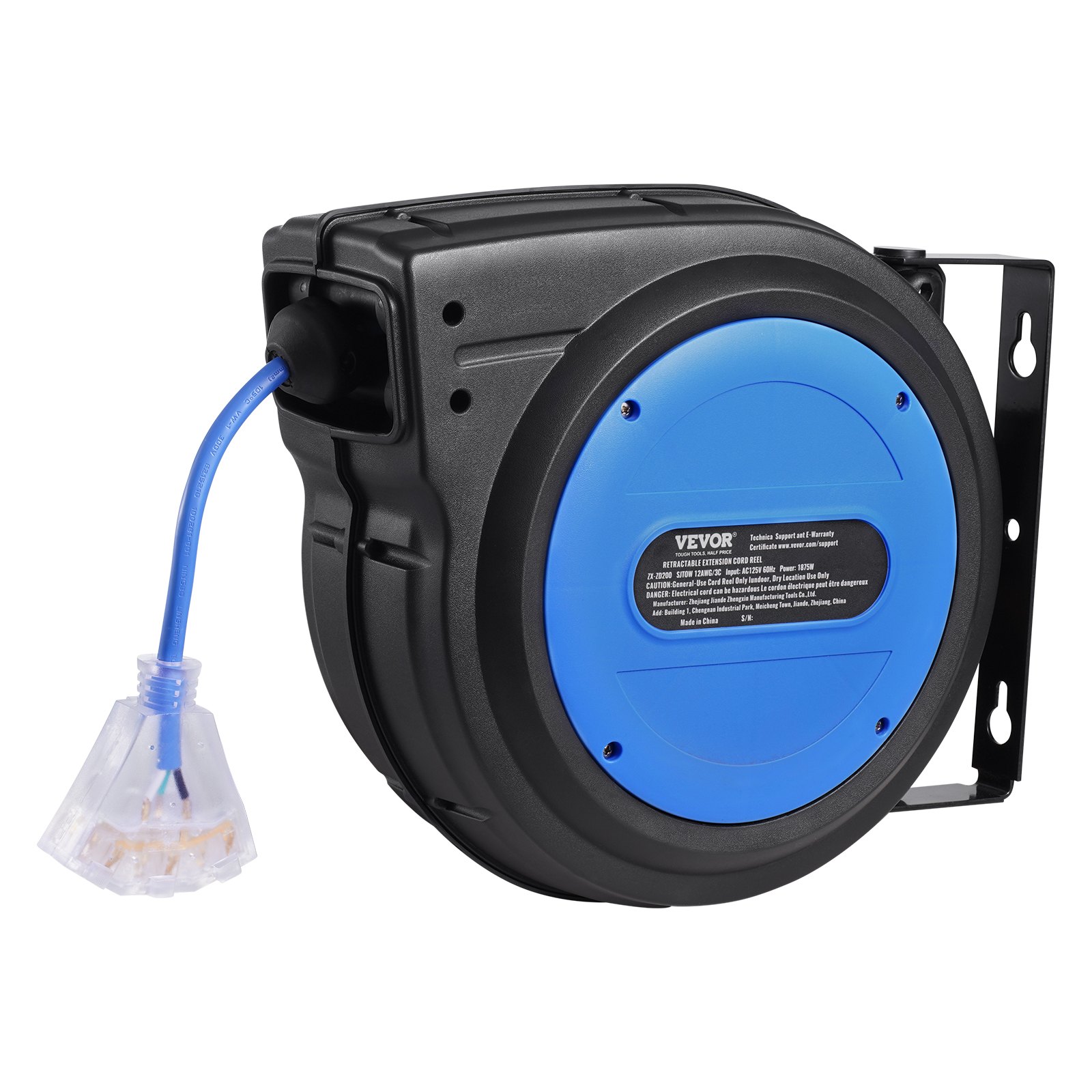 VEVOR - Carrete de cable de extensión retráctil, 80 pies, 12 AWG/3C, SJTOW