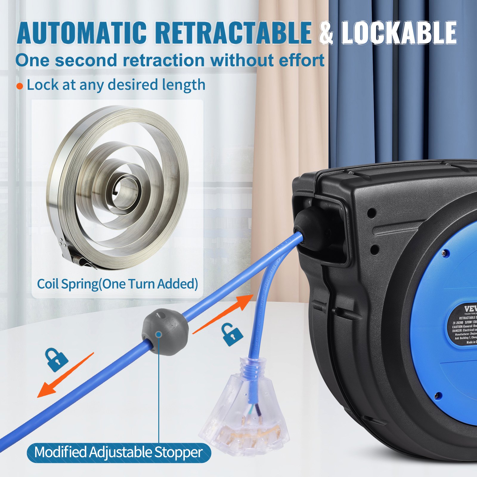 VEVOR Carrete de Cable de Extensión Retráctil, 80 Pies, 12 AWG/3C SJTOW, Cable de Alimentación Retráctil con Toma Triple Iluminada, Disyuntor de 15 A, Soporte Giratorio de 180° en Techo o Pared, Azul