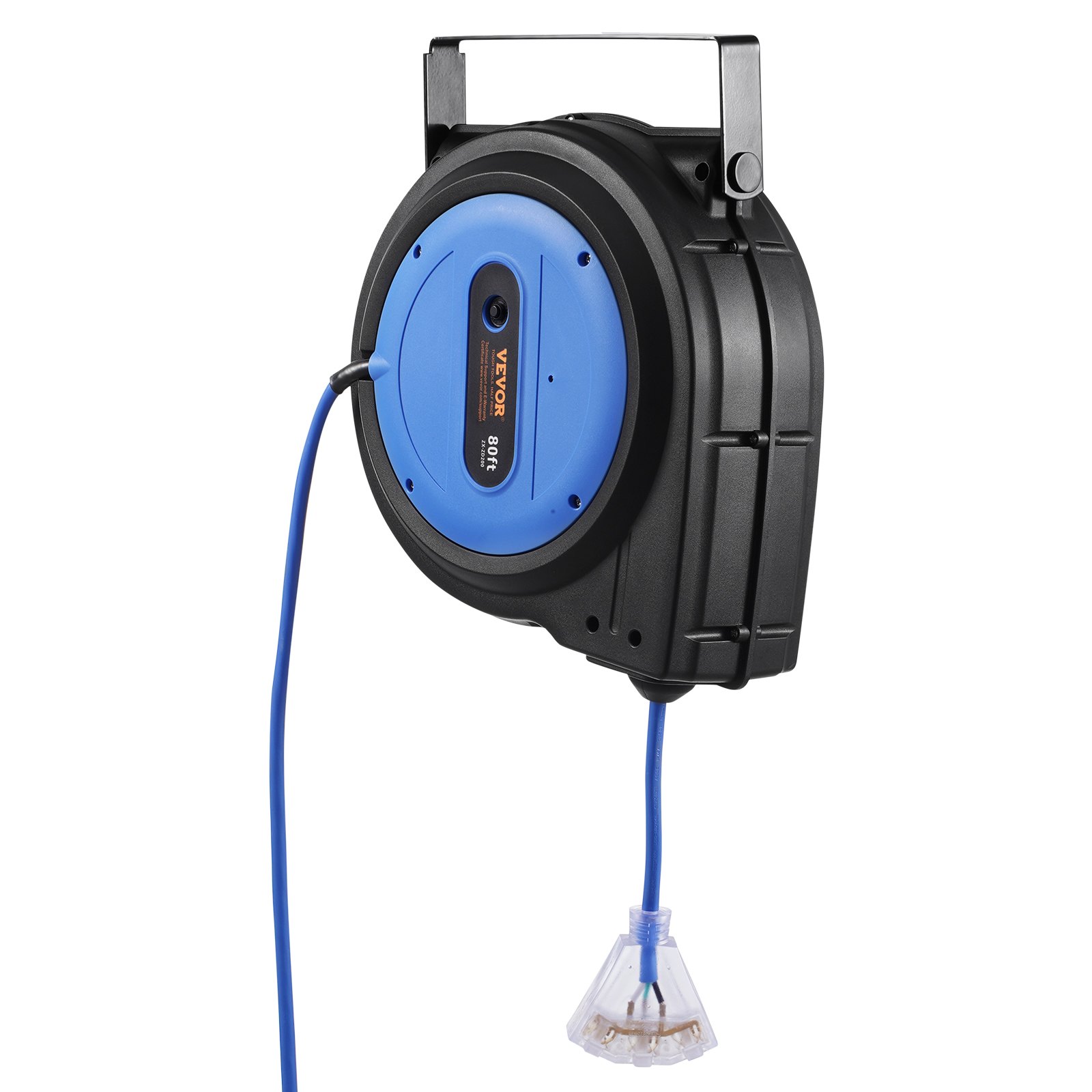 VEVOR Carrete de Cable de Extensión Retráctil, 80 Pies, 12 AWG/3C SJTOW, Cable de Alimentación Retráctil con Toma Triple Iluminada, Disyuntor de 15 A, Soporte Giratorio de 180° en Techo o Pared, Azul