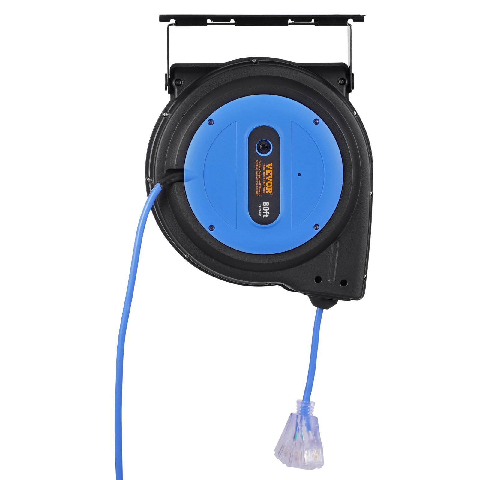 VEVOR Carrete de Cable de Extensión Retráctil, 80 Pies, 12 AWG/3C SJTOW, Cable de Alimentación Retráctil con Toma Triple Iluminada, Disyuntor de 15 A, Soporte Giratorio de 180° en Techo o Pared, Azul