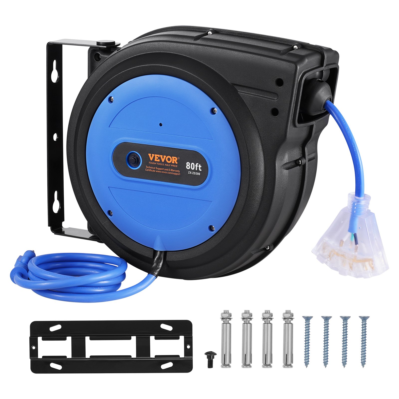 VEVOR Carrete de Cable de Extensión Retráctil, 80 Pies, 12 AWG/3C SJTOW, Cable de Alimentación Retráctil con Toma Triple Iluminada, Disyuntor de 15 A, Soporte Giratorio de 180° en Techo o Pared, Azul