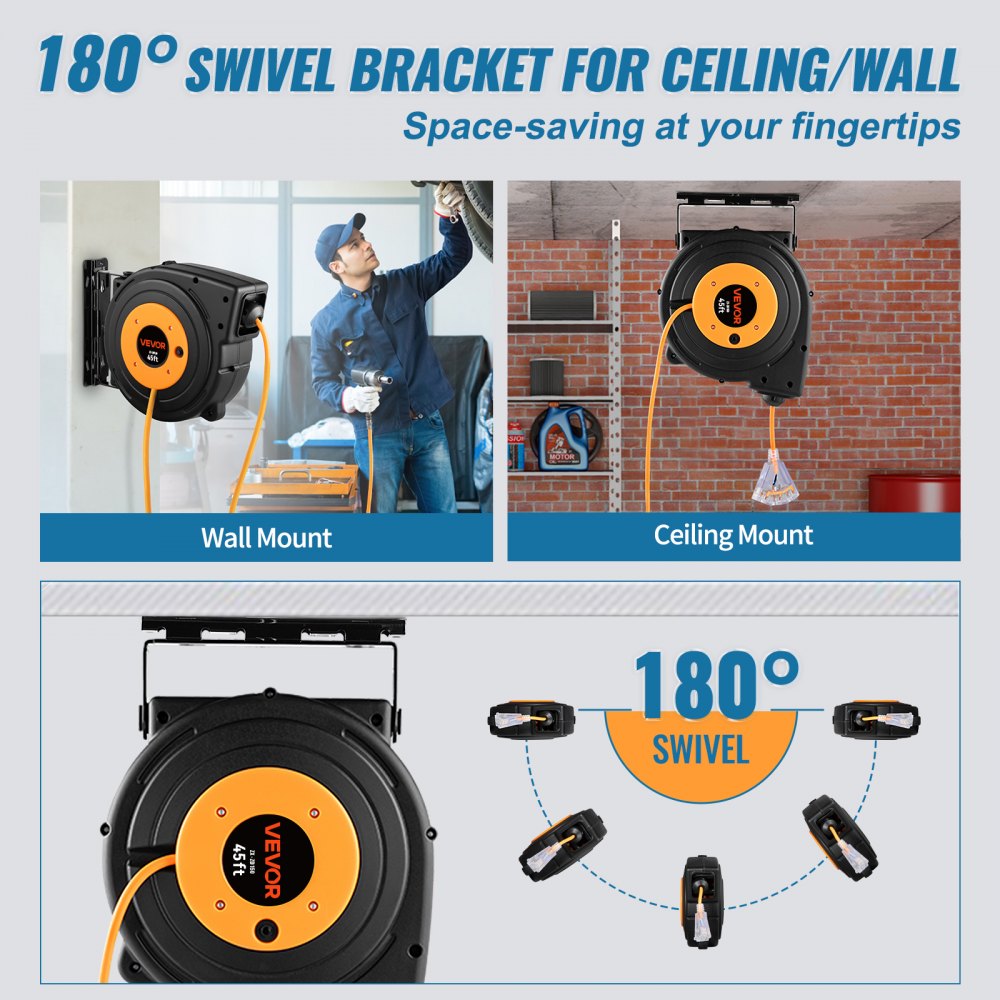 Carrete de extensión retráctil VEVOR, cable de alimentación SJTOW 12AWG/3C resistente de 45 pies 12AWG, negro probado según los estándares
