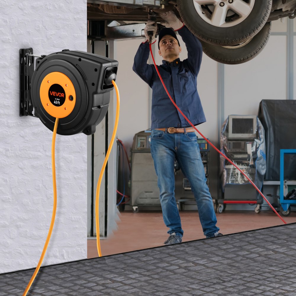 Carrete de extensión retráctil VEVOR, cable de alimentación SJTOW 12AWG/3C resistente de 45 pies 12AWG, negro probado según los estándares