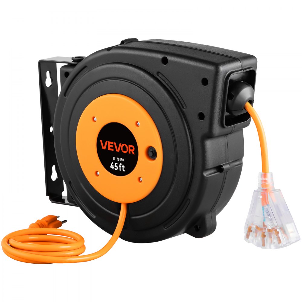 Carrete de extensión retráctil VEVOR, cable de alimentación SJTOW 12AWG/3C resistente de 45 pies 12AWG, negro probado según los estándares