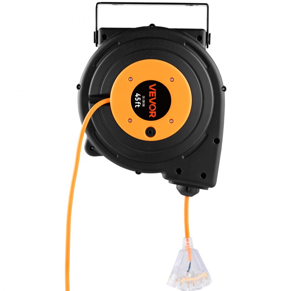 Carrete de extensión retráctil VEVOR, cable de alimentación SJTOW 12AWG/3C resistente de 45 pies 12AWG, negro probado según los estándares
