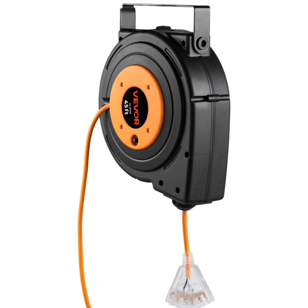 Carrete de extensión retráctil VEVOR, cable de alimentación SJTOW 12AWG/3C resistente de 45 pies 12AWG, negro probado según los estándares