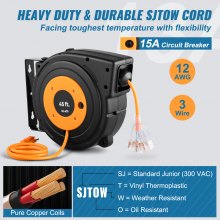 VEVOR Carrete de extensión retráctil, resistente 12 AWG/3C SJTOW Cable de alimentación 45 pies 12 AWG, negro
