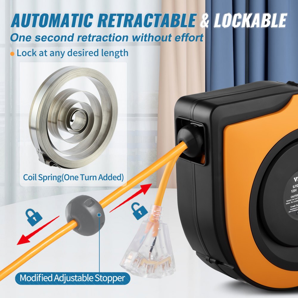 Carrete de cable de extensión retráctil VEVOR con tope ajustable con cerradura y retracción automática.