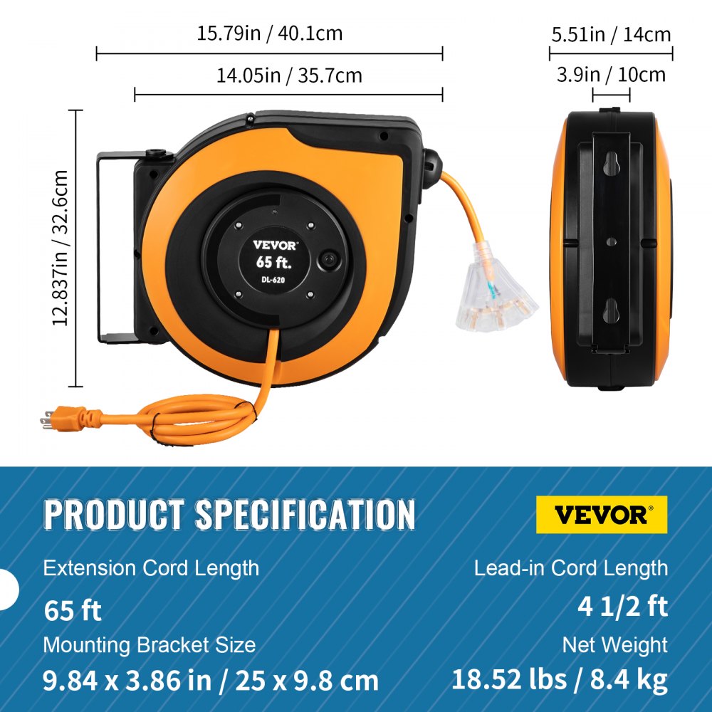 Carrete de cable de extensión retráctil VEVOR, 65 pies, soporte de montaje de 3,86 pulgadas, cable de entrada de 4,5 pies, 18,52 libras.