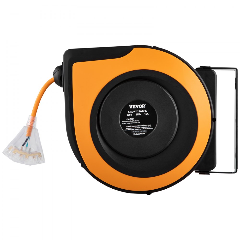 Carrete de cable de extensión retráctil VEVOR, diseño naranja y negro con conector de enchufe transparente.