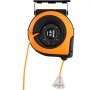 Carrete de cable de extensión retráctil VEVOR, 65 pies, naranja y negro, con enchufe de triple toma.