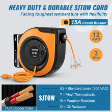 Carrete de cable de extensión retráctil VEVOR, 65 pies, cable de alimentación SJTOW de 12 AWG/3C de alta resistencia, con salida de grifo triple iluminada, disyuntor de 15 amperios, soporte giratorio de 180° para montaje en techo o pared, listado