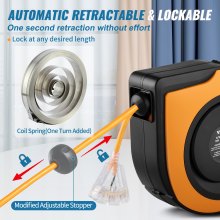 Carrete de cable de extensión retráctil VEVOR, 65 pies, cable de alimentación SJTOW de 12 AWG/3C de alta resistencia, con salida de grifo triple iluminada, disyuntor de 15 amperios, soporte giratorio de 180° para montaje en techo o pared, listado
