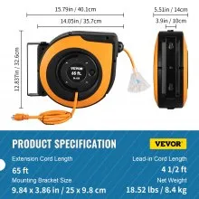 Carrete de cable de extensión retráctil VEVOR, 65 pies, cable de alimentación SJTOW de 12 AWG/3C de alta resistencia, con salida de grifo triple iluminada, disyuntor de 15 amperios, soporte giratorio de 180° para montaje en techo o pared, listado