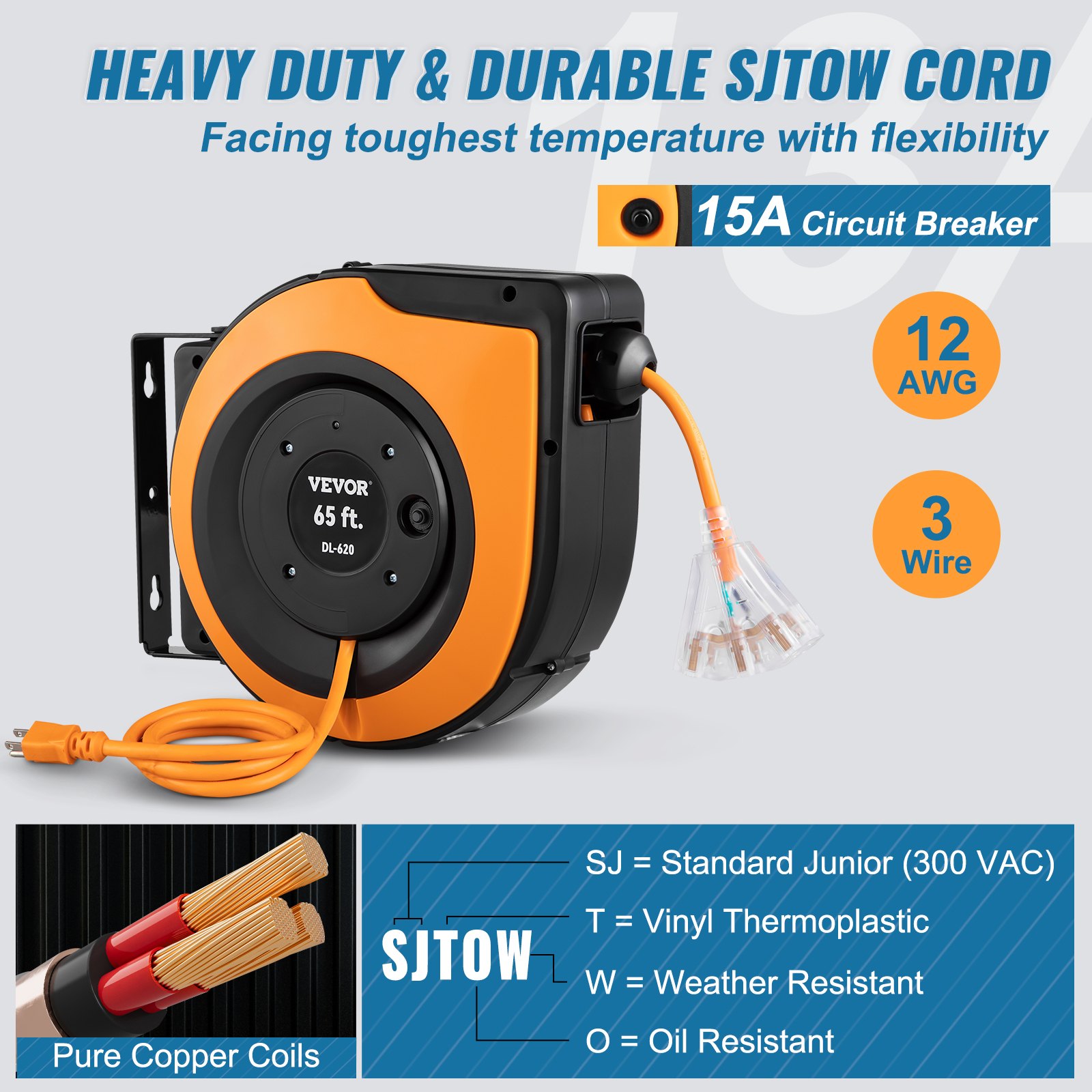 Carrete de cable de extensión retráctil VEVOR, 65 pies, cable de remolque resistente, disyuntor de 15 A, 12 AWG, 3 cables.