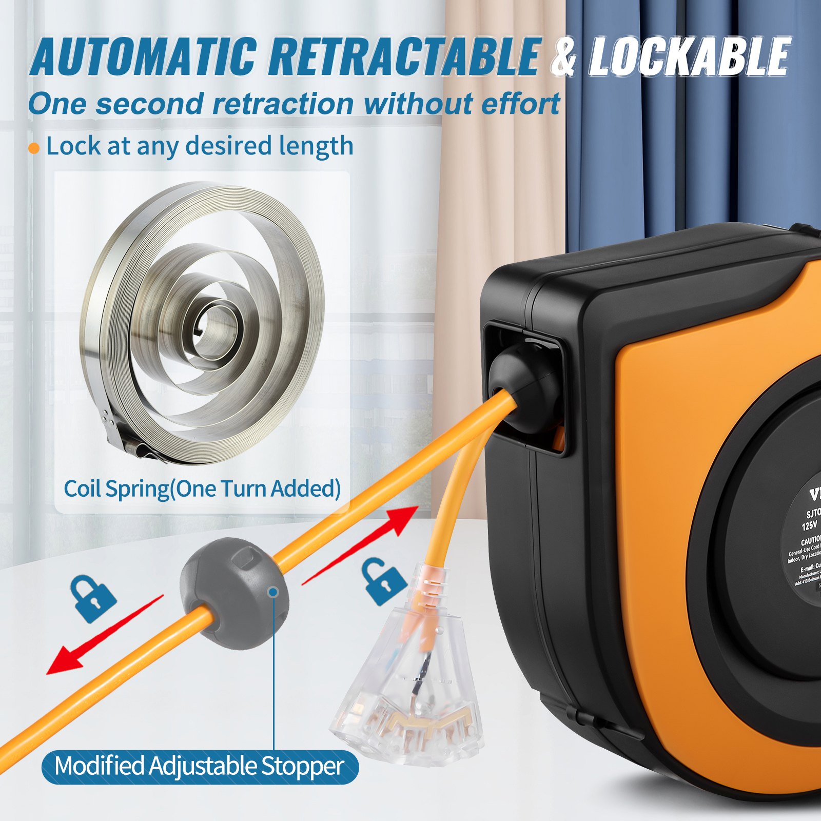 Carrete de cable de extensión retráctil VEVOR con tope ajustable con cerradura y retracción automática.