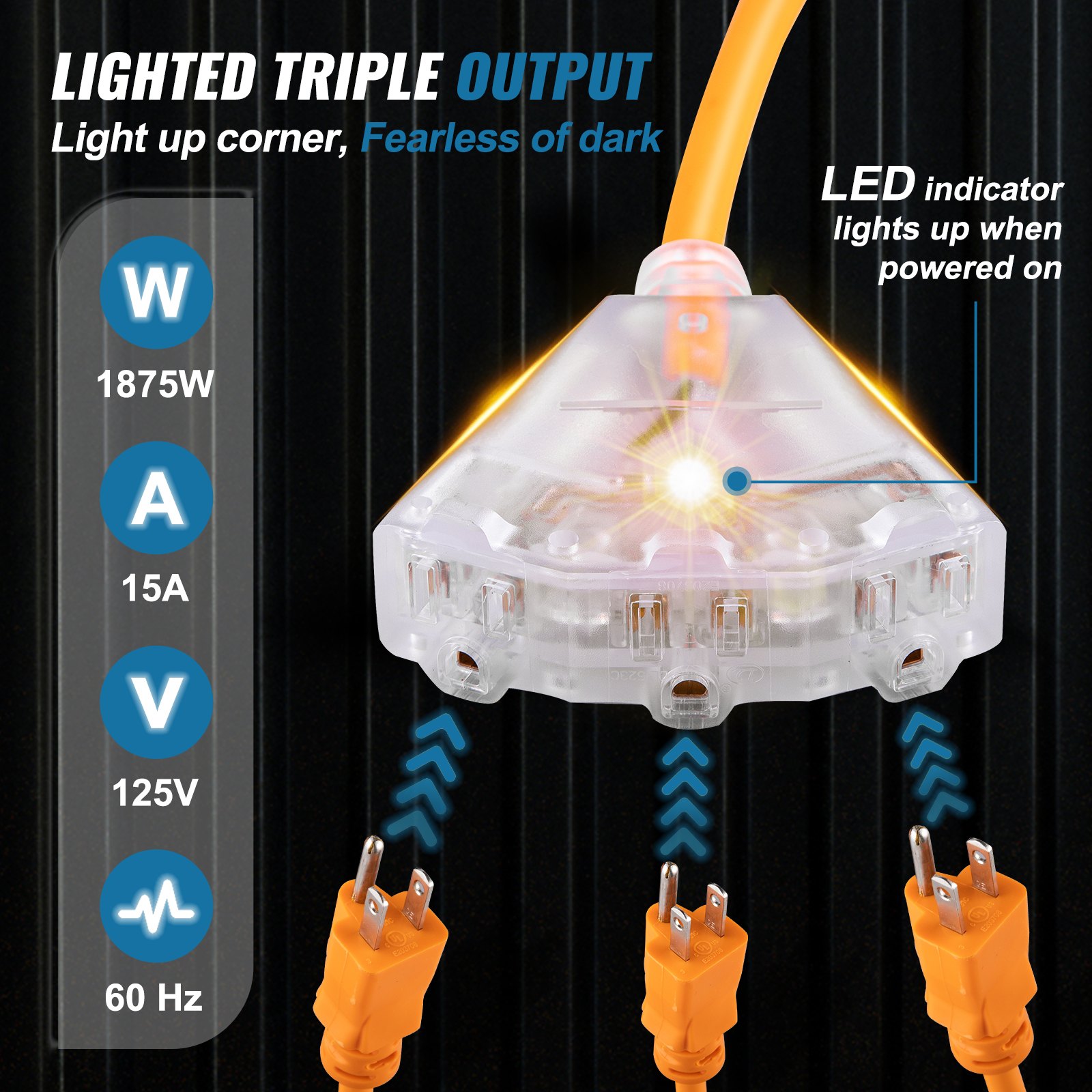 Carrete de cable de extensión retráctil VEVOR con salida triple iluminada, 1875 W, 15 A, 125 V, 60 Hz, indicador LED.