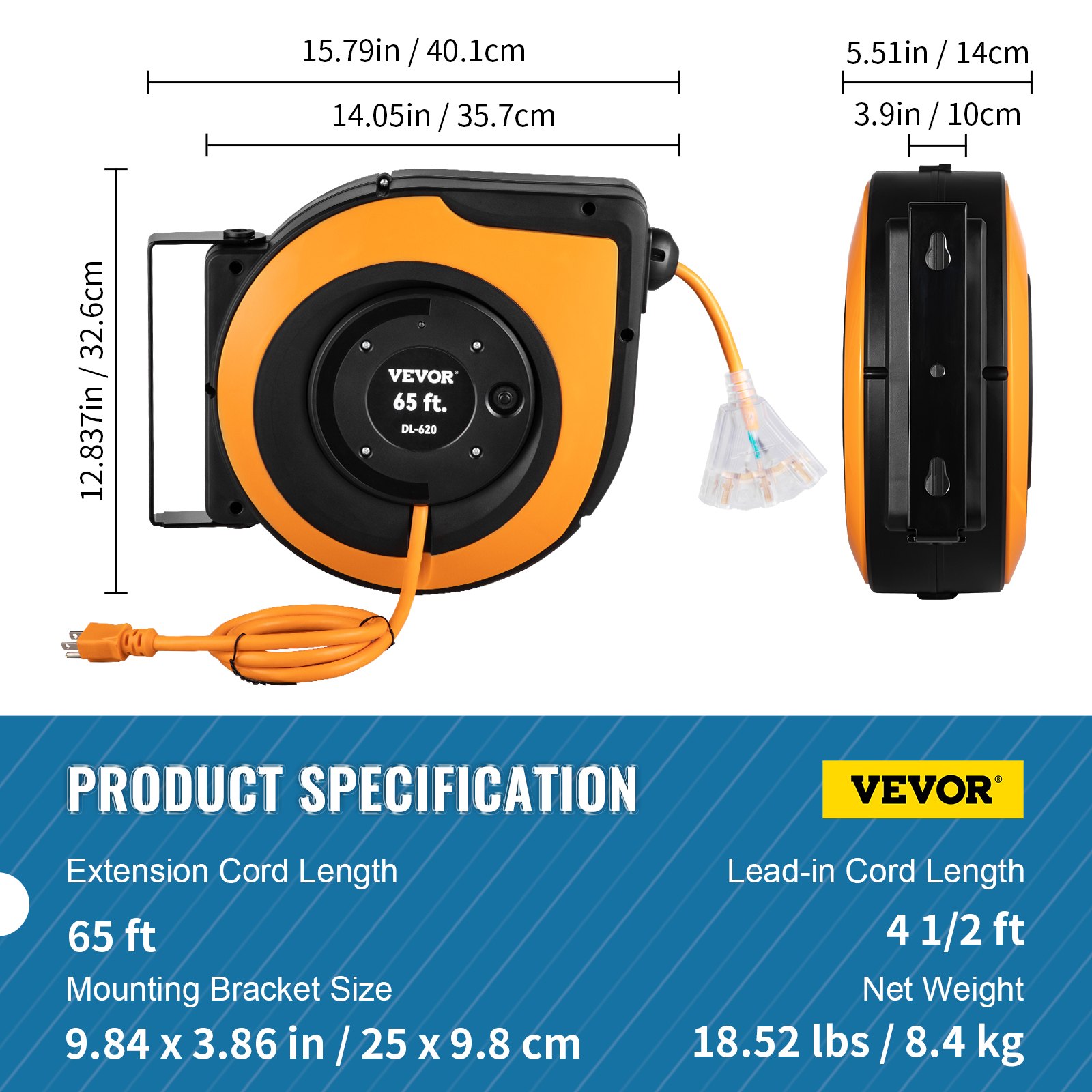 Carrete de cable de extensión retráctil VEVOR, 65 pies, soporte de montaje de 3,86 pulgadas, cable de entrada de 4,5 pies, 18,52 libras.