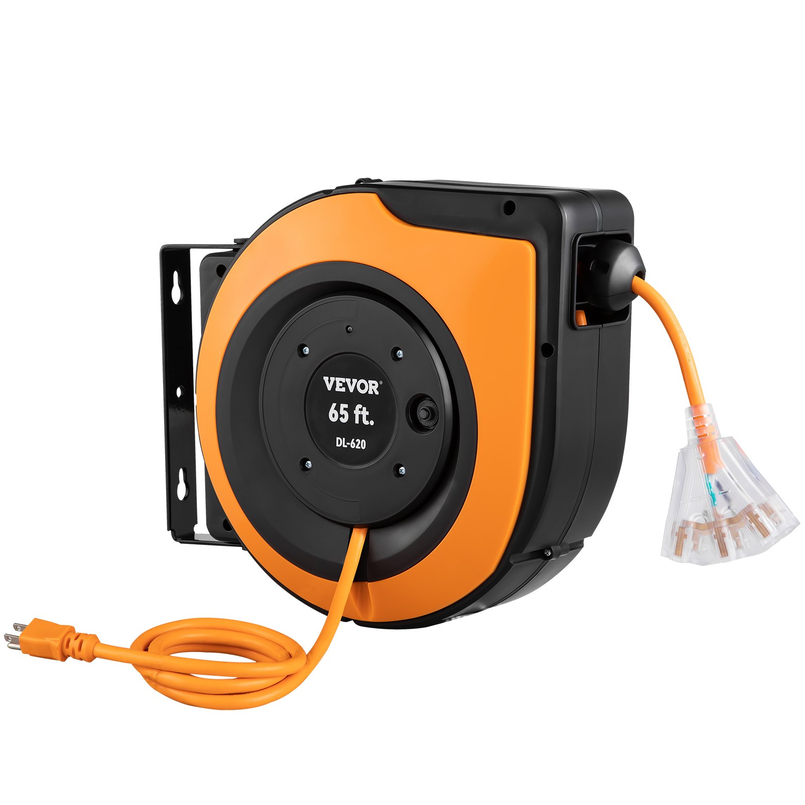 Carrete de cable de extensión retráctil VEVOR, 65 pies, carcasa naranja y negra con salida de enchufe triple.