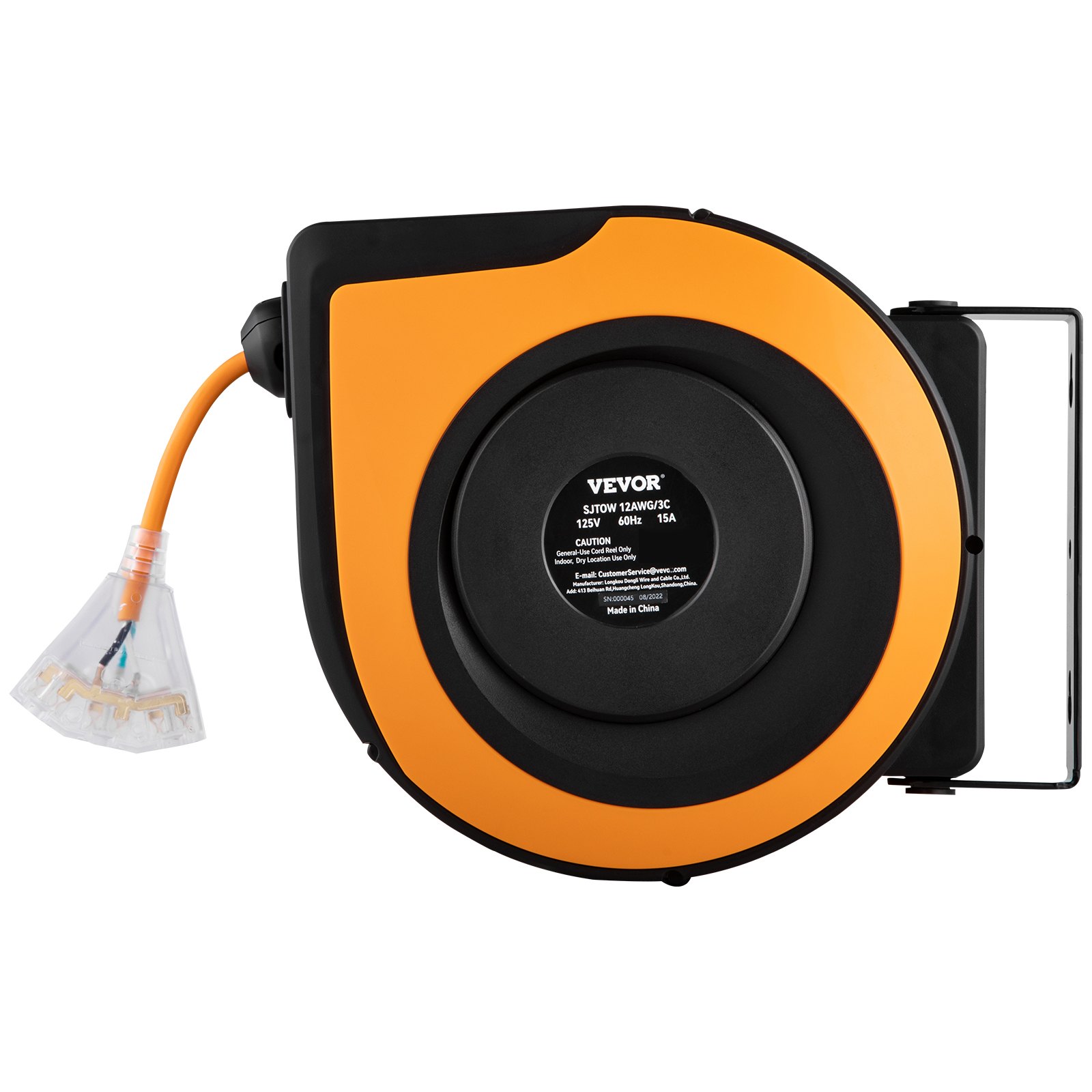 Carrete de cable de extensión retráctil VEVOR, diseño naranja y negro con conector de enchufe transparente.