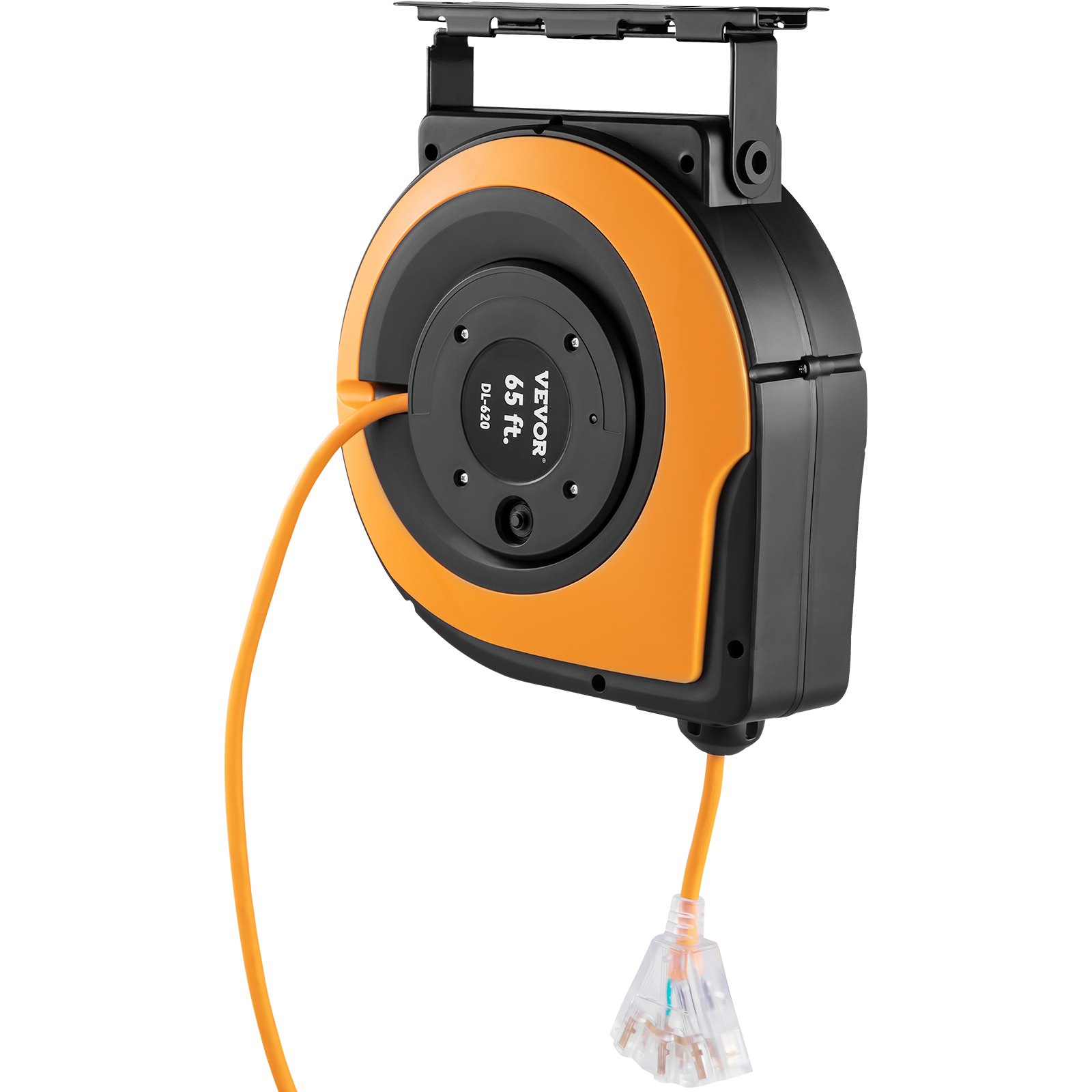 Carrete de cable de extensión retráctil VEVOR, 65 pies, negro y naranja, con soporte y enchufe de cable visible.