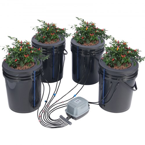 Sistema de cultivo hidropónico VEVOR DWC con kit de riego por goteo, 4 cubos de 5 galones para cultivo en aguas profundas, bomba de aire, piedras difusoras y dispositivo de nivel de agua para vegetales de hoja.