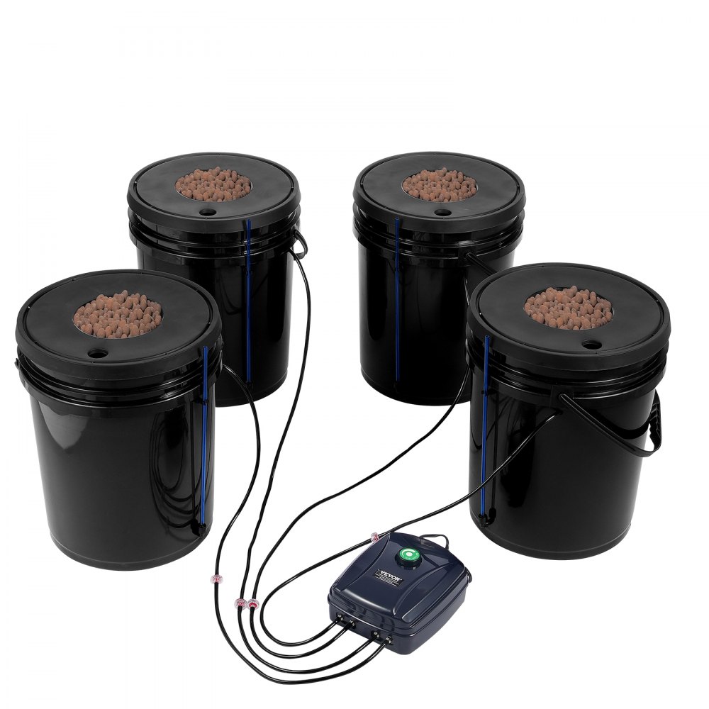 Sistema hidropónico VEVOR con cuatro cubos negros y tubos de conexión.