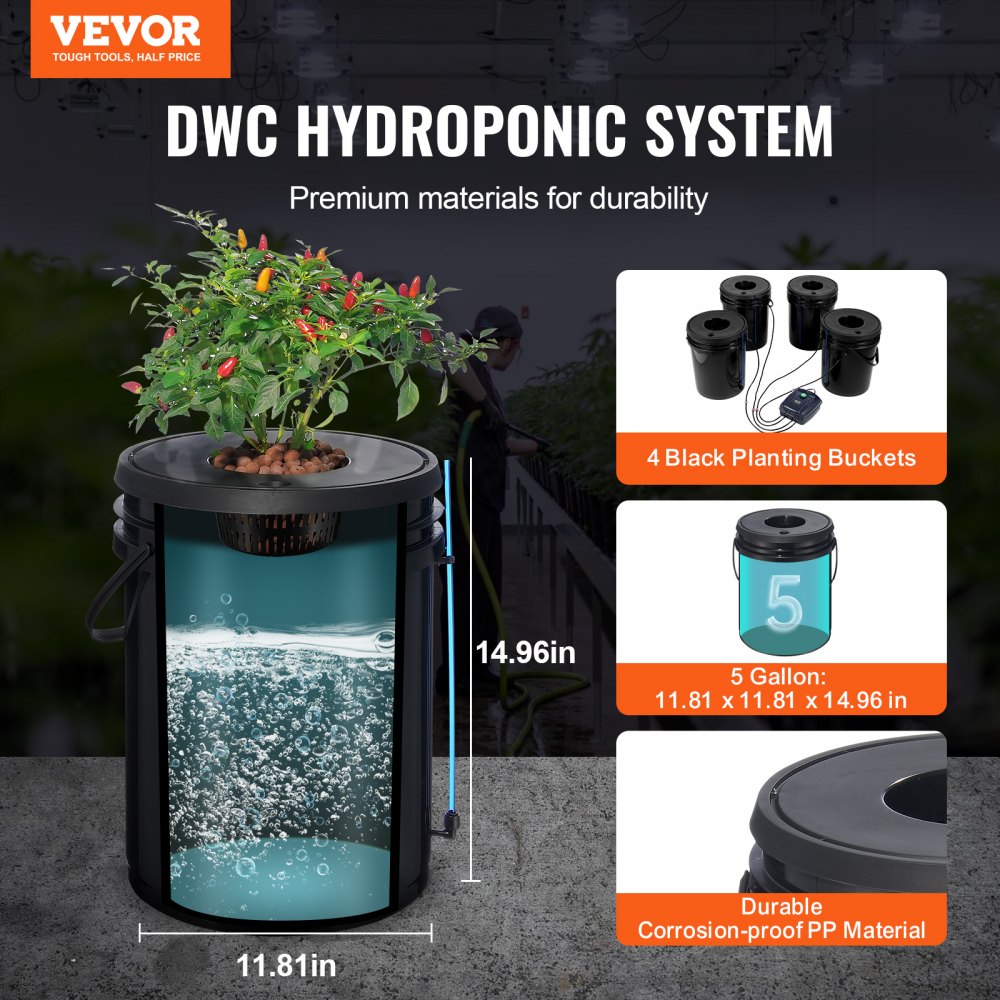 Sistema hidropónico VEVOR DWC, 5 galones, 4 cubos, cubo de cultivo en aguas profundas, kit de cultivo hidropónico con bomba, piedra difusora y dispositivo de nivel de agua, para hortalizas de hoja de interior y exterior.
