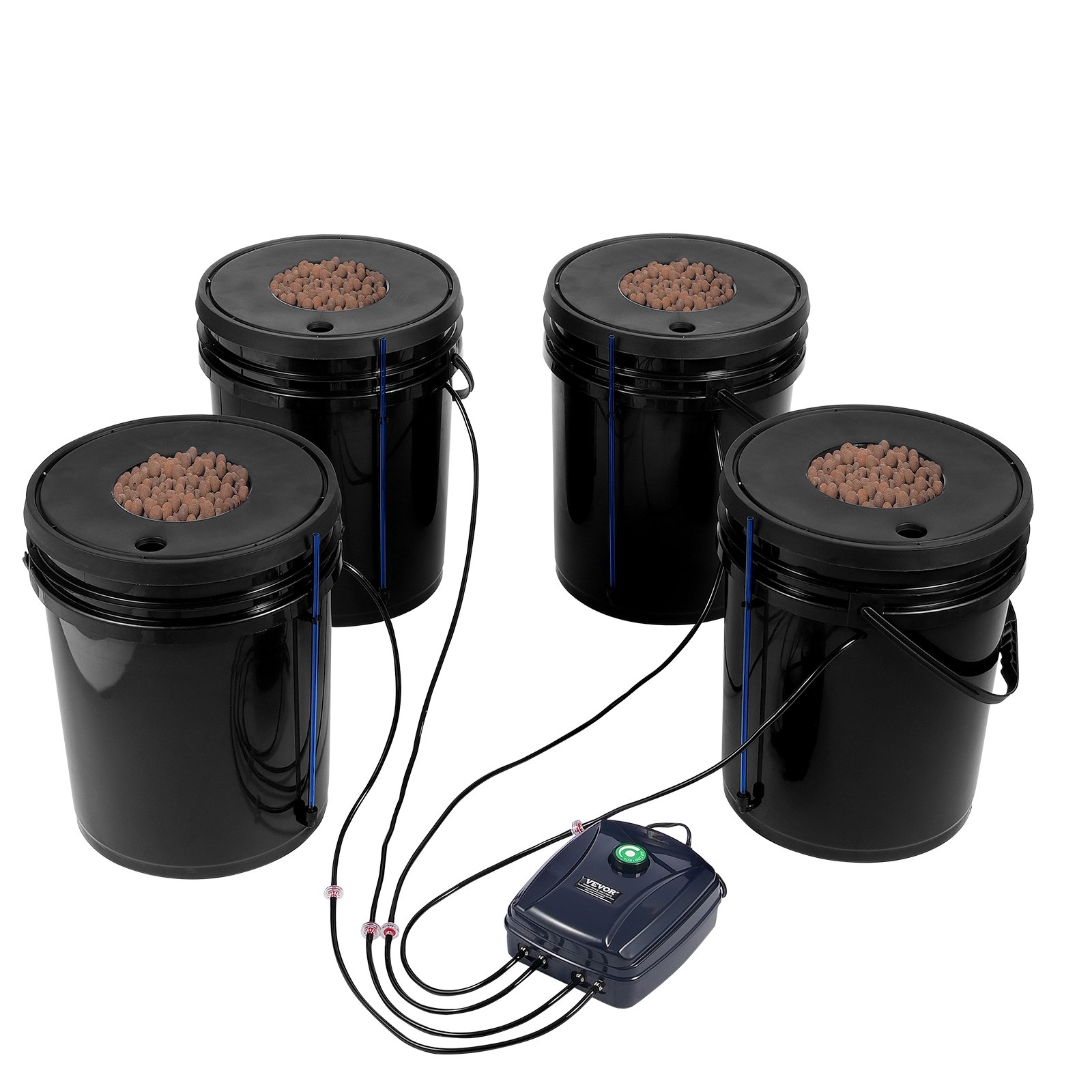 Sistema hidropónico VEVOR con cuatro cubos negros y tubos de conexión.