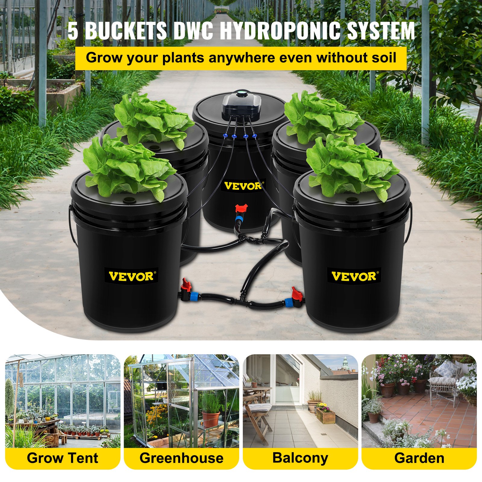 Sistema hidropónico VEVOR, cinco cubos negros que cultivan plantas conectados con tubos.