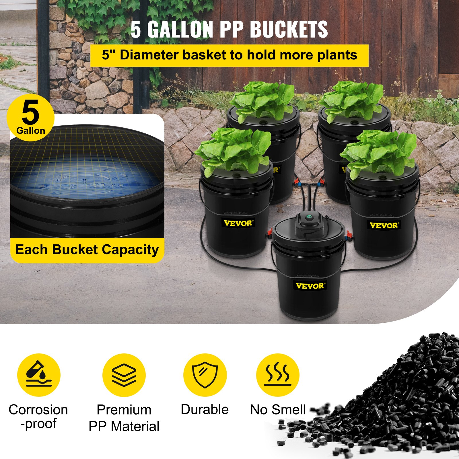Sistema hidropónico VEVOR con baldes de polipropileno de 5 galones y cestas para plantas de 5&quot; de diámetro.